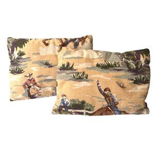 Vintage Western Cowboy Horse Ranch Theme Throw Pillows Set Of 2 Cotton Blend Rec